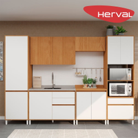 Cozinha Modulada Completa 6 Peças com Tampo Herval Roma, Freijó e Branco 330 cm