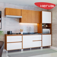 Cozinha Modulada Completa 6 Peças com Tampo MDP Herval Roma, Freijó e Branco 270 cm