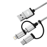 Cabo USB C3Tech CB-3000GY Nylon 3X1 1 Lightning + micro USB + USBC 2,4A 1,5 mts Prata