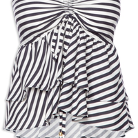 Blusa Feminina Listrada Sem Alça Com Babados - Azul