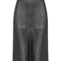Saia De Couro Stretch Midi Fenda Frontal - Preto