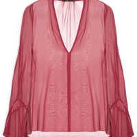 Camisa Feminina De Georgette Manga Longa Nesga - Vermelho