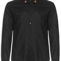 Camisa Masculina Manga Longa Linen Floral Trama - Preto