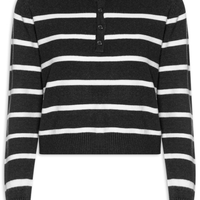 Suéter Feminino Tricot Listrado Com Botão - Preto