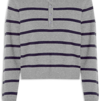 Suéter Feminino Tricot Listrado Com Botão - Cinza