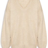 Suéter Feminino Amplo Gola V Em Tricot - Bege