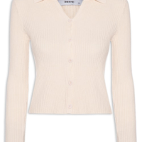 Cardigã Feminino Canelado Gola Polo - Bege