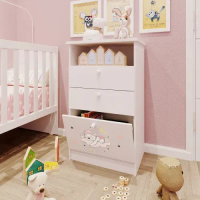 Cômoda Infantil 1 Porta 2 Gavetas 1 Nicho Estampada Kids Espresso Móveis Branco/Urso Rosa