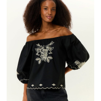 Blusa Feminina Ombro A Ombro Bordado Folk - Preto