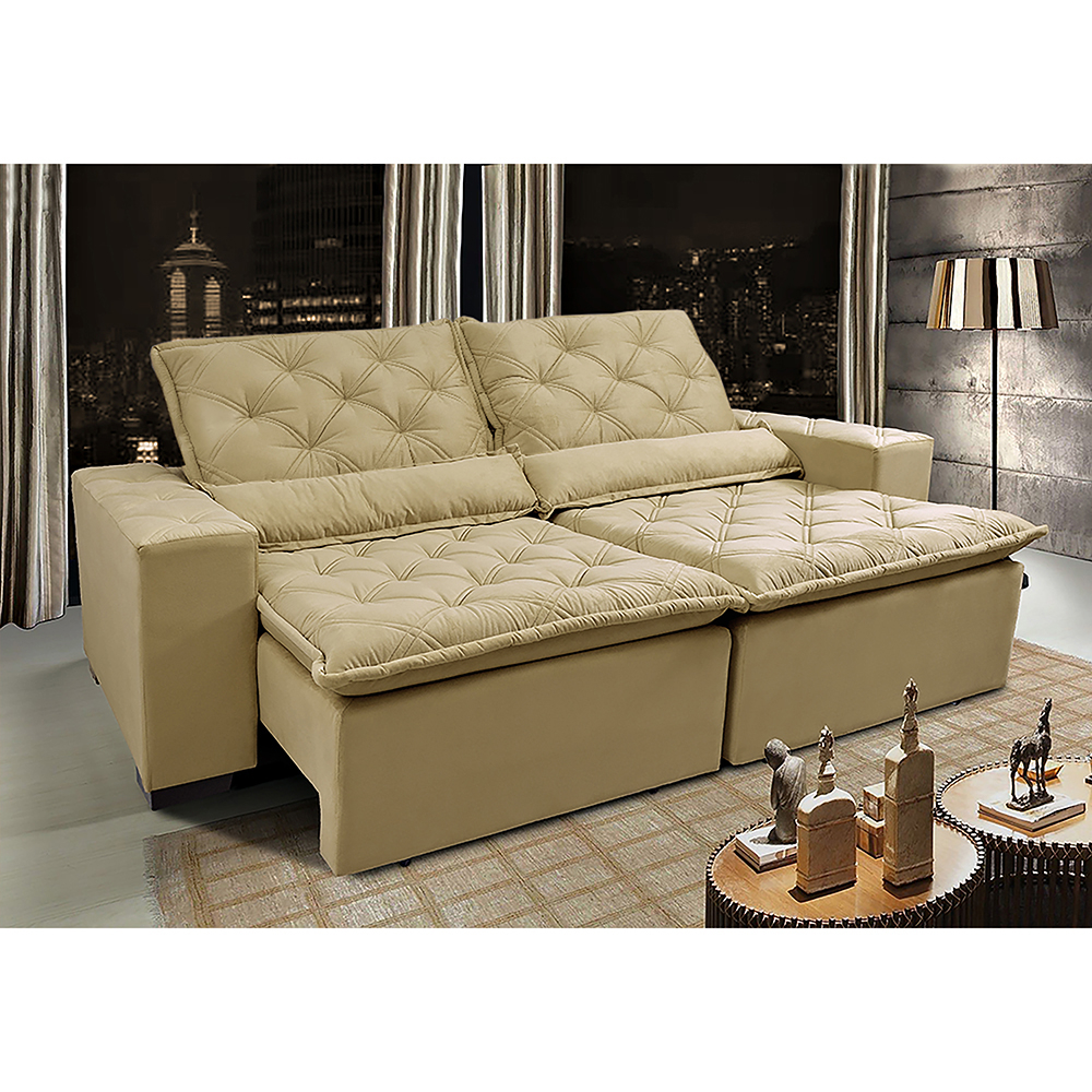 Sofá Lisboa 3,12m Retrátil, Reclinável com Molas no Assento Tecido Suede Velusoft Bege - Cama InBox Sofá Lisboa 3,12m Retrátil, Reclinável com Molas no Assento Tecido Suede Velusoft Bege - Cama InBox