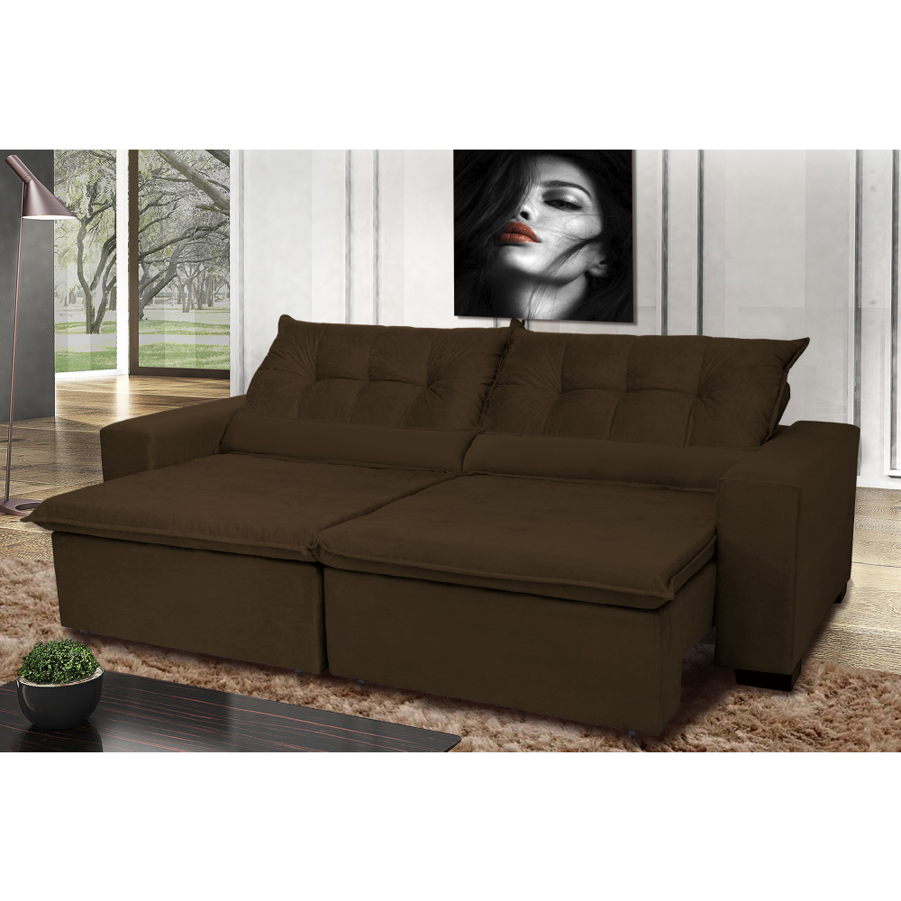 Sofá Montenegro 3,12 Mts Retrátil, Reclinável com Molas no Assento e 2 Almofadas Lombar Tecido Suede Café - Siena Moveis Sofá Montenegro 3,12 Mts Retrátil, Reclinável com Molas no Assento e 2 Almofadas Lombar Tecido Suede Café - Siena Moveis