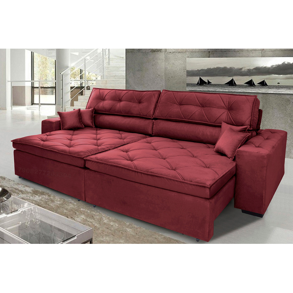 Sofá Austin 2,02m Retrátil Reclinável, Molas no Assento e Almofadas, Tecido Suede Velusoft Vinho Sofá Austin 2,02m Retrátil Reclinável, Molas no Assento e Almofadas, Tecido Suede Velusoft Vinho