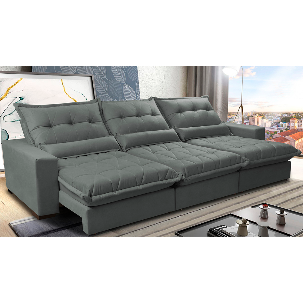 Sofá Retrátil e Reclinável 4,12m com Molas Ensacadas Cama Inbox Soft Tecido Suede Velusoft Cinza Sofá Retrátil e Reclinável 4,12m com Molas Ensacadas Cama Inbox Soft Tecido Suede Velusoft Cinza
