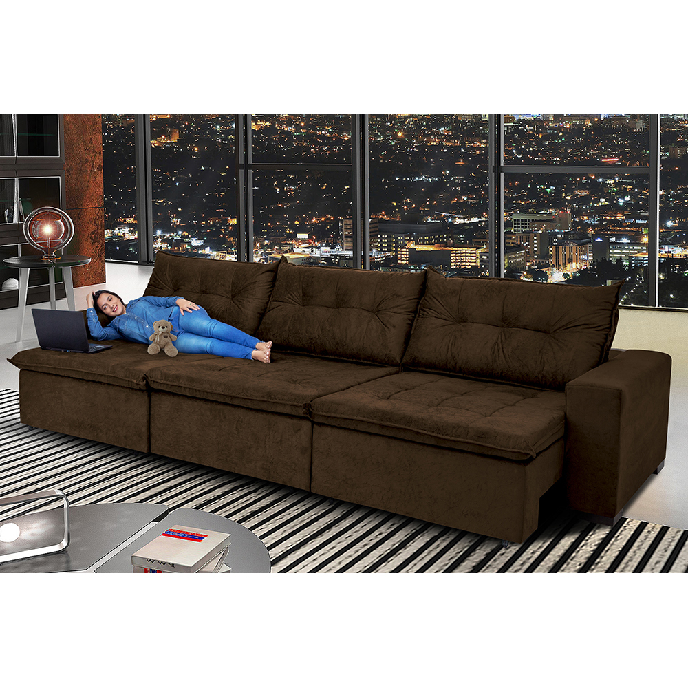 Sofá Austrália 3,52 Mts Retrátil, Reclinável Com Molas e Pillow no Assento Tecido Suede Café - Cama InBox Sofá Austrália 3,52 Mts Retrátil, Reclinável Com Molas e Pillow no Assento Tecido Suede Café - Cama InBox