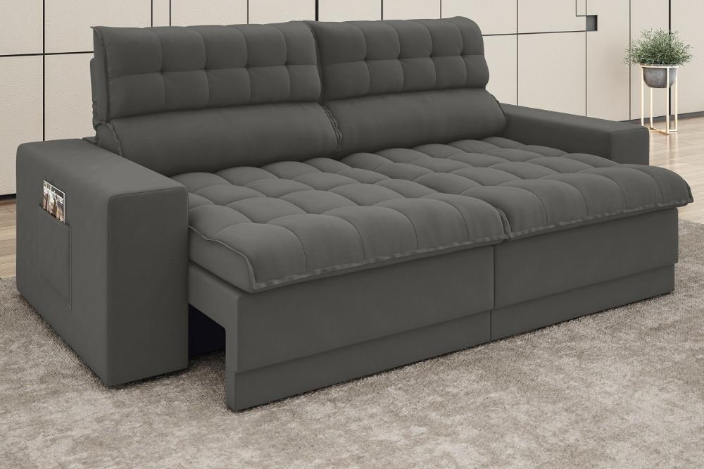 Sofá Omega 2,00m Assento Retrátil e Reclinável Velosuede Cinza - NETSOFAS Sofá Omega 2,00m Assento Retrátil e Reclinável Velosuede Cinza - NETSOFAS