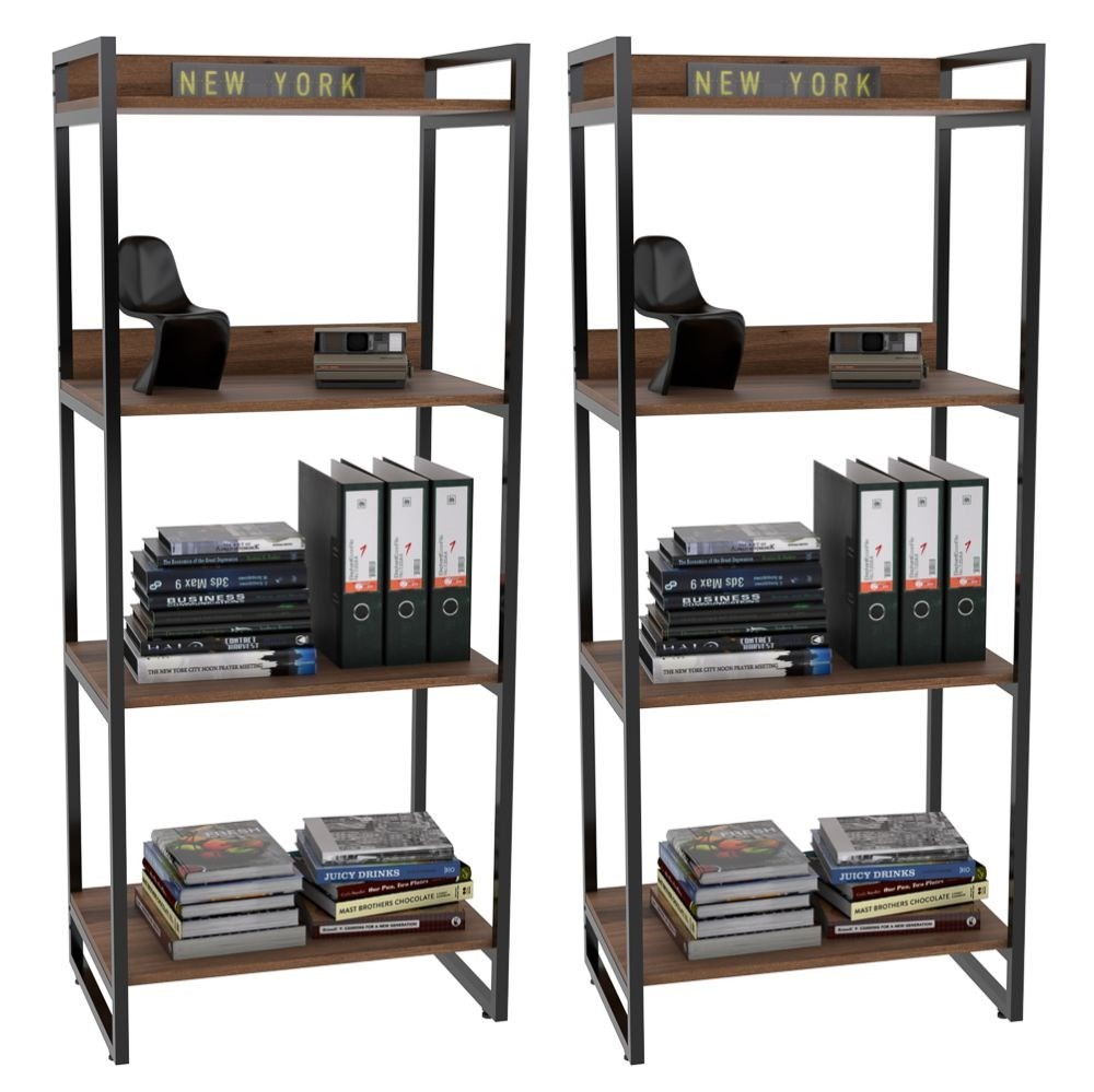 Kit 2 Estante Livreiro Prisma Estilo Industrial 60cm 4 Prateleiras C08 Nogal - Mpozenato Kit 2 Estante Livreiro Prisma Estilo Industrial 60cm 4 Prateleiras C08 Nogal - Mpozenato