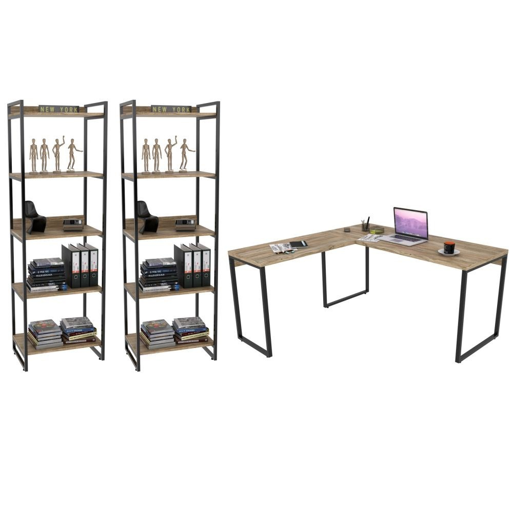 Conjunto Escritório Estilo Industrial Mesa 150x150cm e 2 Estantes 60cm 5 Prateleiras Prisma C08 Carvalho - Mpozenato Conjunto Escritório Estilo Industrial Mesa 150x150cm e 2 Estantes 60cm 5 Prateleiras Prisma C08 Carvalho - Mpozenato