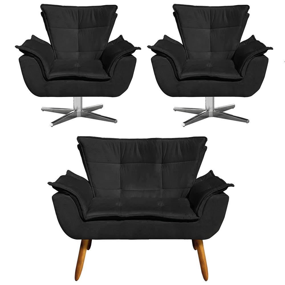 Kit Namoradeira e 2 Poltronas Giratórias Cromada Opla Suede Preto - Ibiza Kit Namoradeira e 2 Poltronas Giratórias Cromada Opla Suede Preto - Ibiza