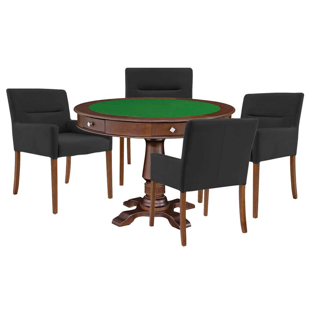 Mesa de Jogos Carteado Victoria Redonda Tampo Reversível Imbuia com Kit 4 Cadeiras Vicenza Suede Preto Fosco - Gran Belo Mesa de Jogos Carteado Victoria Redonda Tampo Reversível Imbuia com Kit 4 Cadeiras Vicenza Suede Preto Fosco - Gran Belo