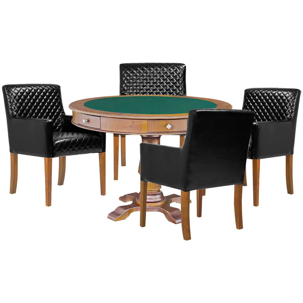 Mesa de Jogos Carteado Victoria Redonda Tampo Reversível Amêndoa com Kit 4 Cadeiras Liverpool PU Preto Matelassê G36 G15 - Gran Belo Mesa de Jogos Carteado Victoria Redonda Tampo Reversível Amêndoa com Kit 4 Cadeiras Liverpool PU Preto Matelassê G36 G15 - Gran Belo