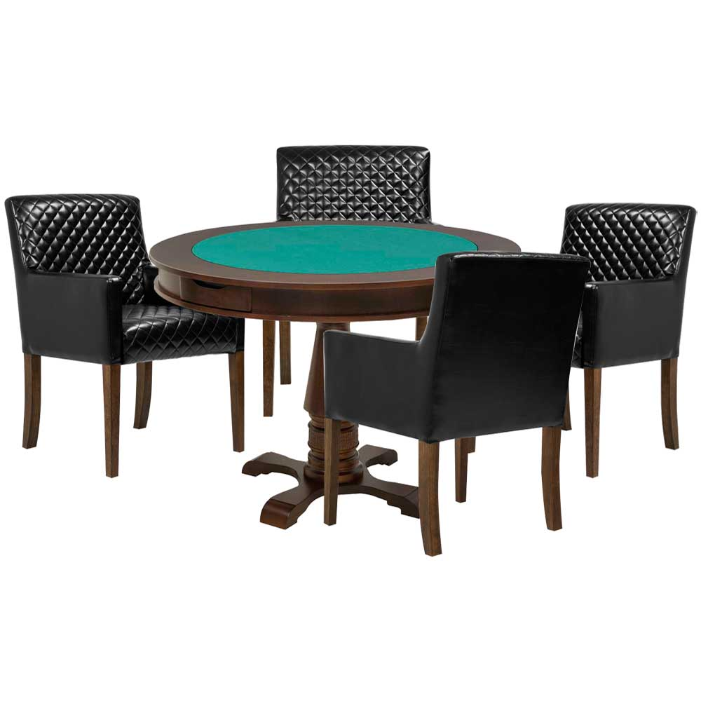 Mesa de Jogos Carteado Victoria Redonda Tampo Reversível Imbuia com 4 Cadeiras Liverpool PU Preto Matelassê G36 G15 - Gran Belo Mesa de Jogos Carteado Victoria Redonda Tampo Reversível Imbuia com 4 Cadeiras Liverpool PU Preto Matelassê G36 G15 - Gran Belo