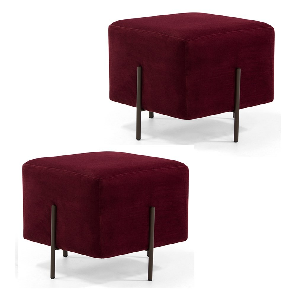Kit 2 Puffs Decorativos 45cm Base Aço Status B-278 Veludo Marsala - Domi Kit 2 Puffs Decorativos 45cm Base Aço Status B-278 Veludo Marsala - Domi