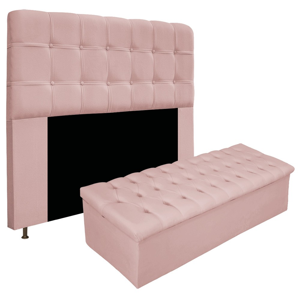 Kit Cabeceira e Calçadeira Baú Estofada Mel 160 cm Queen Size Com Capitonê Suede Rosê - Amarena Móveis Kit Cabeceira e Calçadeira Baú Estofada Mel 160 cm Queen Size Com Capitonê Suede Rosê - Amarena Móveis