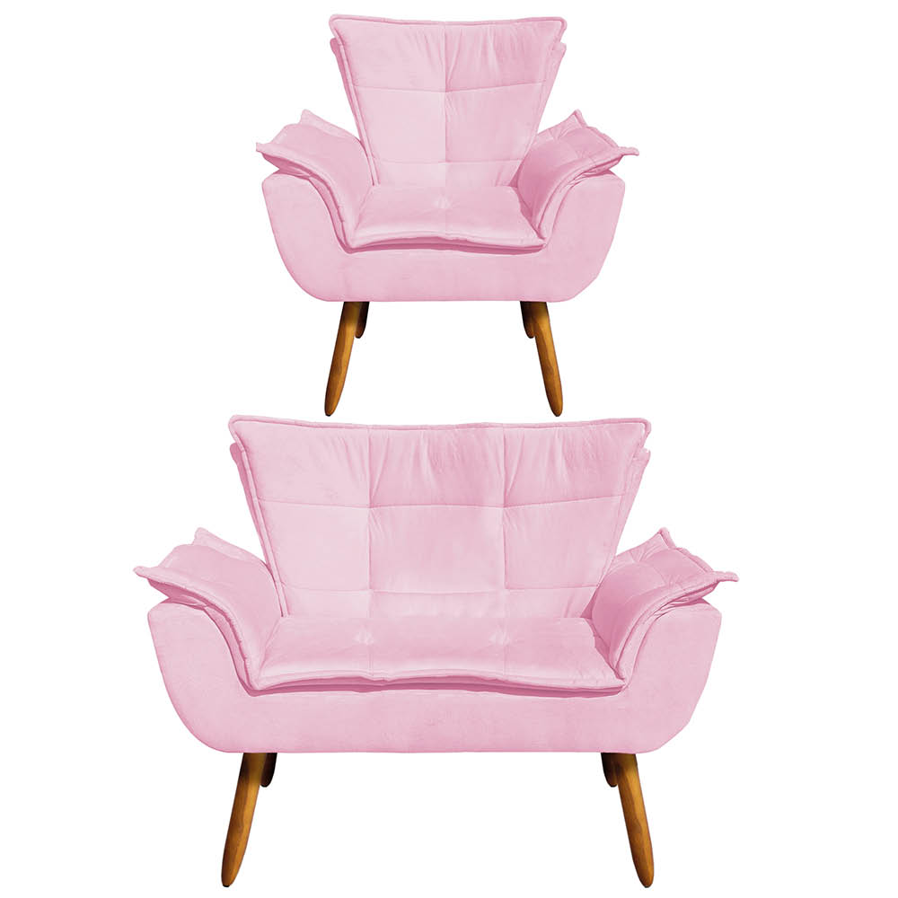 Kit Namoradeira e 01 Poltrona Opala Suede Rosa Bebê Pés Palito Castanho D'Rossi Kit Namoradeira e 01 Poltrona Opala Suede Rosa Bebê Pés Palito Castanho D'Rossi