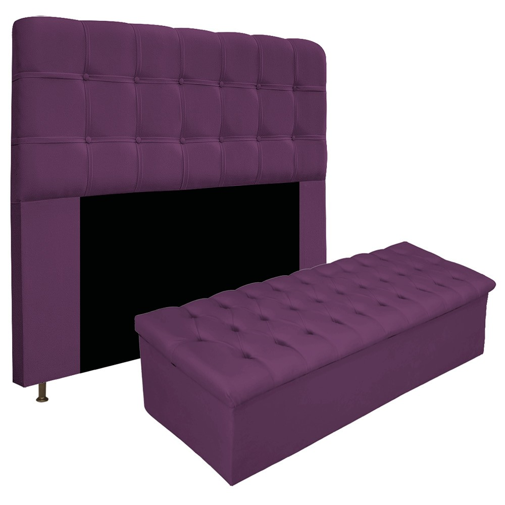Kit Cabeceira e Calçadeira Baú Estofada Mel 140 cm Casal Com Capitonê Suede Roxo - Amarena Móveis Kit Cabeceira e Calçadeira Baú Estofada Mel 140 cm Casal Com Capitonê Suede Roxo - Amarena Móveis