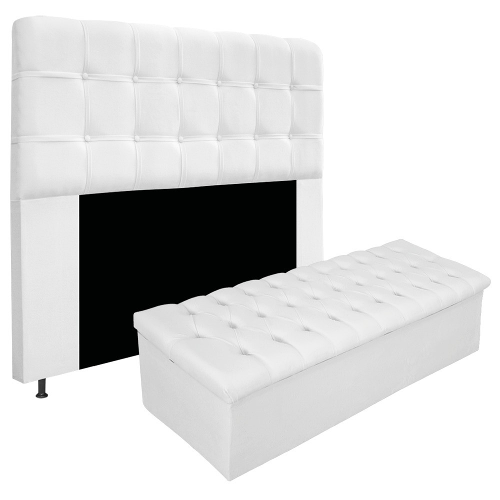 Kit Cabeceira e Calçadeira Baú Estofada Mel 160 cm Queen Size Com Capitonê Suede Branco - Amarena Móveis Kit Cabeceira e Calçadeira Baú Estofada Mel 160 cm Queen Size Com Capitonê Suede Branco - Amarena Móveis