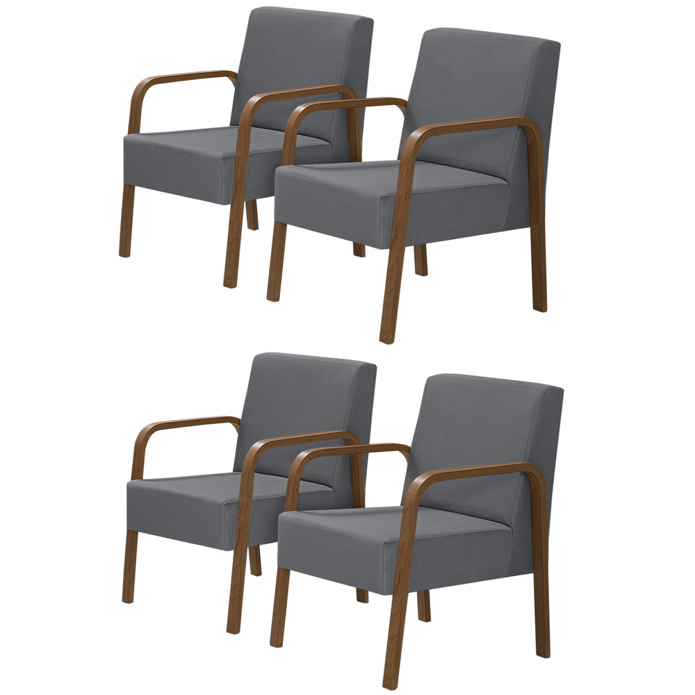 Kit 4 Poltronas Decorativas 1 Lugar Jade Braço Madeira D Salla Suede Grafite