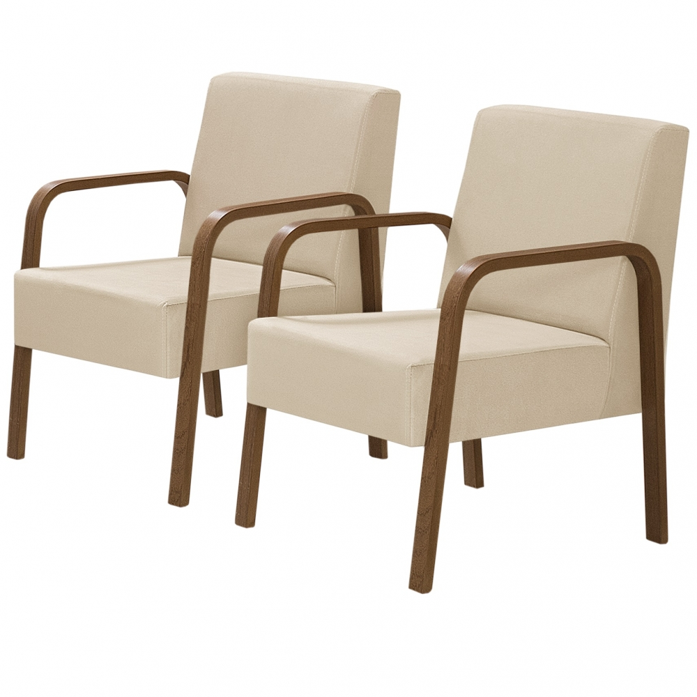 Kit 2 Poltronas Decorativas 1 Lugar Jade Braço Madeira D Salla Suede Bege