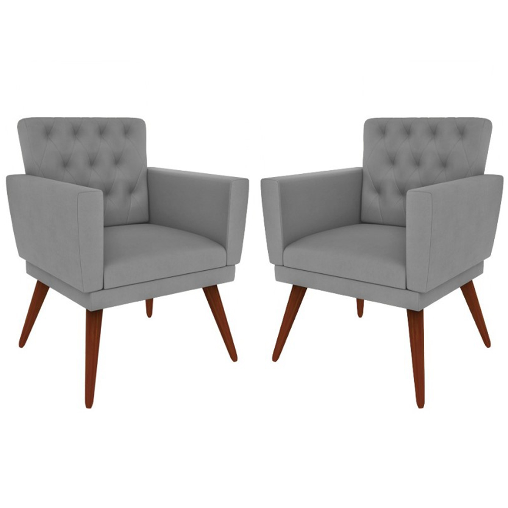 Kit 02 Poltronas Decorativa Pés Palito Nina Encosto Estilo Capitonê Cinza - DS Móveis Kit 02 Poltronas Decorativa Pés Palito Nina Encosto Estilo Capitonê Cinza - DS Móveis