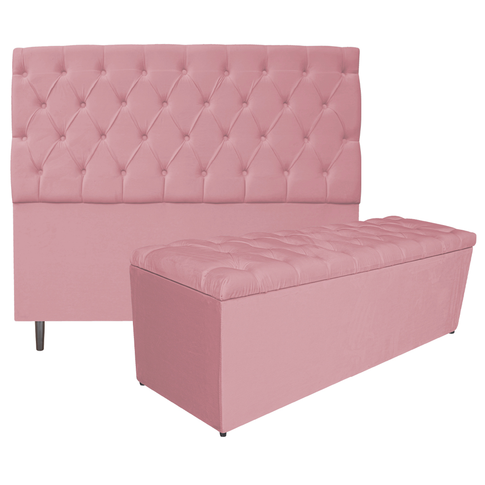 Kit Cabeceira e Calçadeira Liverpool 195 cm King Size Suede Rosa Bebê - Amarena Móveis Kit Cabeceira e Calçadeira Liverpool 195 cm King Size Suede Rosa Bebê - Amarena Móveis