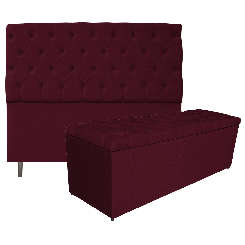 Kit Cabeceira e Calçadeira Liverpool 140 cm Casal Suede Bordô - Amarena Móveis Kit Cabeceira e Calçadeira Liverpool 140 cm Casal Suede Bordô - Amarena Móveis
