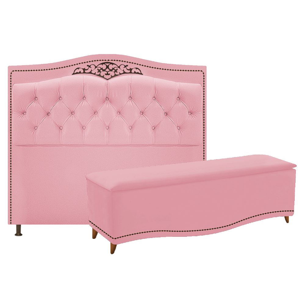 Kit Cabeceira e Calçadeira Yasmim 140 cm Casal Suede Rosa Bebê - Amarena Móveis Kit Cabeceira e Calçadeira Yasmim 140 cm Casal Suede Rosa Bebê - Amarena Móveis
