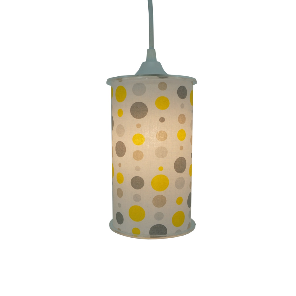 Luminária Pendente Cilíndrica Tecido Poás Branco, Cinza e Amarelo Luminária Pendente Cilíndrica Tecido Poás Branco, Cinza e Amarelo