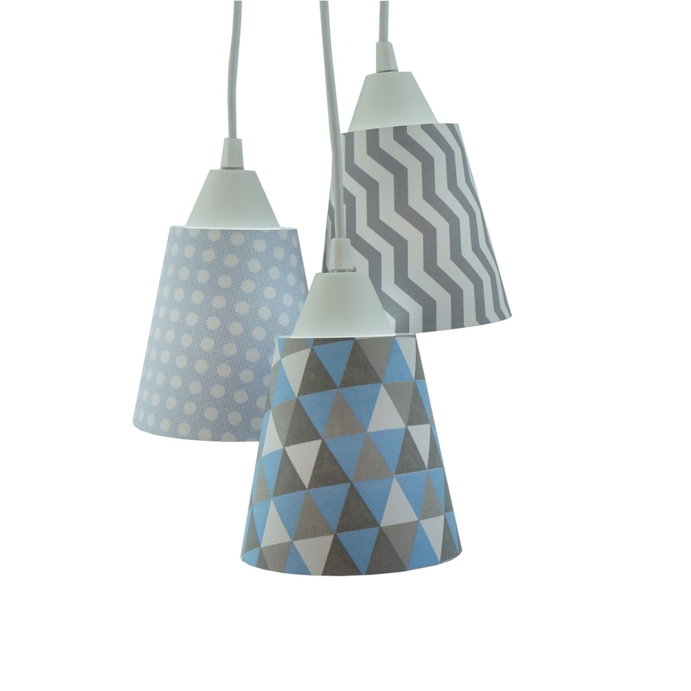 Lustre Pendente Luminária Cacho Azul Bebê, Cinza e Branco Lustre Pendente Luminária Cacho Azul Bebê, Cinza e Branco