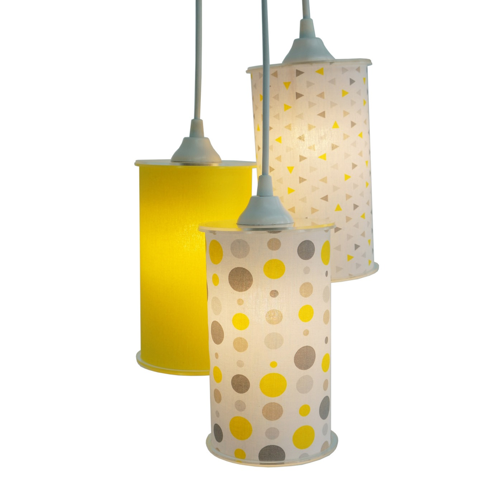 Lustre Pendente Triplo Cilíndrico em Tecido Amarelo e Cinza Lustre Pendente Triplo Cilíndrico em Tecido Amarelo e Cinza
