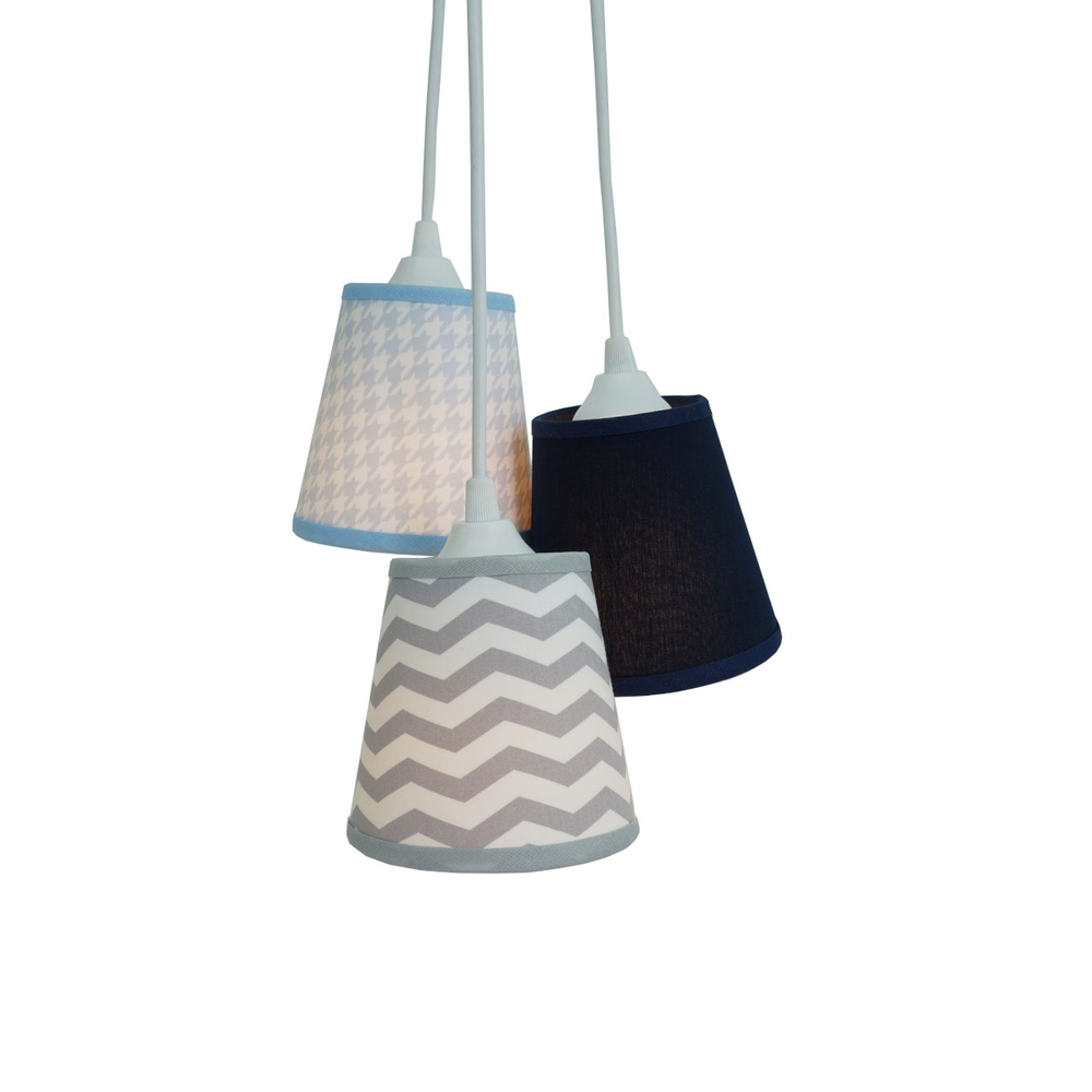 Lustre Pendente Triplo Bebê Chevron Cinza, Azul Marinho e Pied Poule Azul Lustre Pendente Triplo Bebê Chevron Cinza, Azul Marinho e Pied Poule Azul