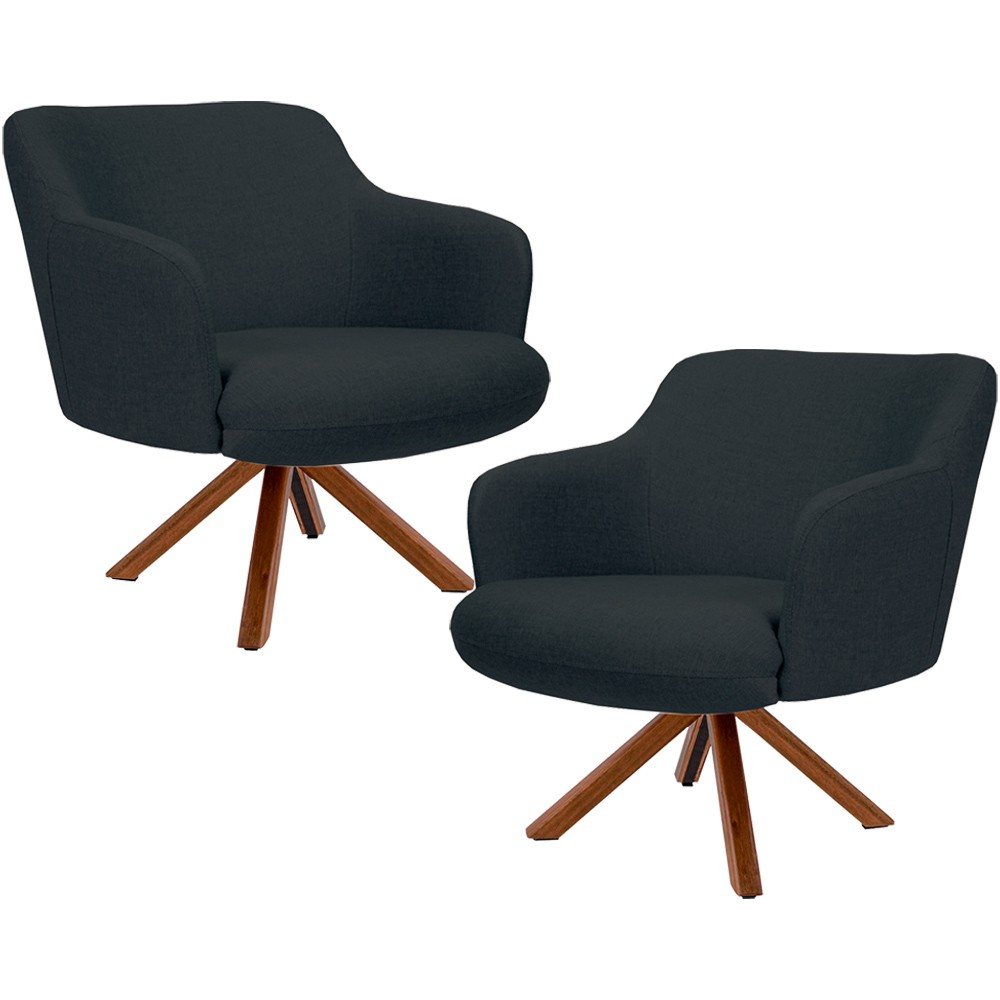 Kit 02 Poltronas Decorativa Base Giratória de Madeira Jade D02 Linho Chumbo C-465 - Lyam Decor Kit 02 Poltronas Decorativa Base Giratória de Madeira Jade D02 Linho Chumbo C-465 - Lyam Decor