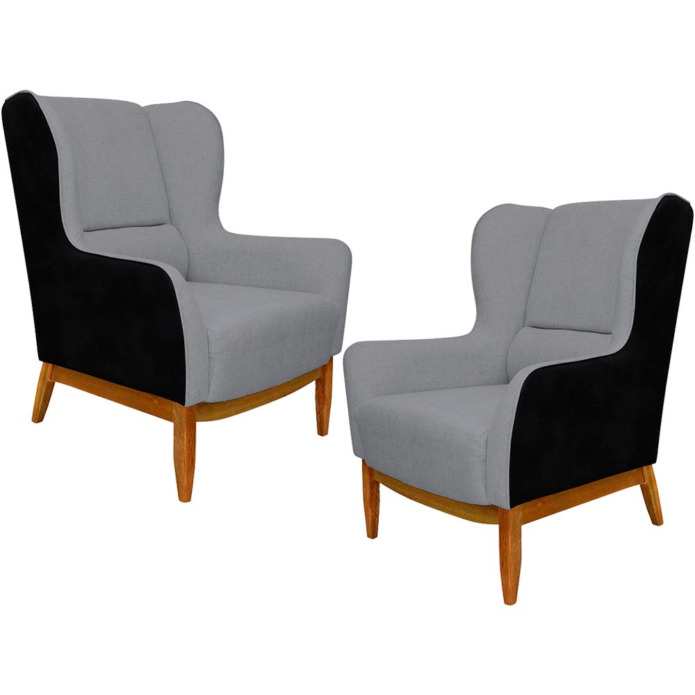 Kit 02 Poltronas Decorativa Base de Madeira Milena D02 Linho Cinza C-416 Corano Preto - Lyam Decor Kit 02 Poltronas Decorativa Base de Madeira Milena D02 Linho Cinza C-416 Corano Preto - Lyam Decor