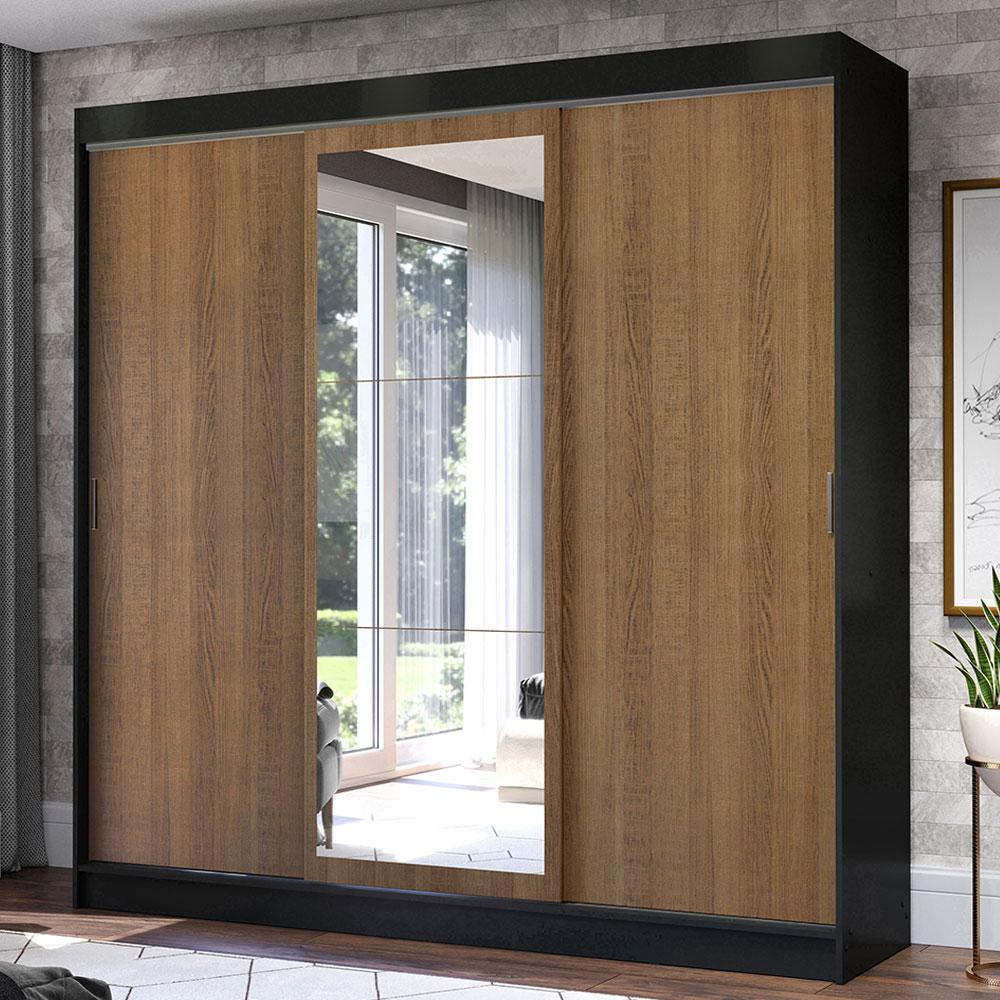 Guarda-Roupa Casal Madesa Istambul 3 Portas de Correr com Espelho 3 Gavetas - Preto/Rustic Guarda-Roupa Casal Madesa Istambul 3 Portas de Correr com Espelho 3 Gavetas - Preto/Rustic