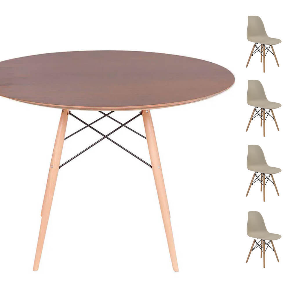 Conjunto Mesa Eames Eiffel DSW Redonda Imbuia 90cm + 4 Cadeiras Eames DSW - Fendi Conjunto Mesa Eames Eiffel DSW Redonda Imbuia 90cm + 4 Cadeiras Eames DSW - Fendi