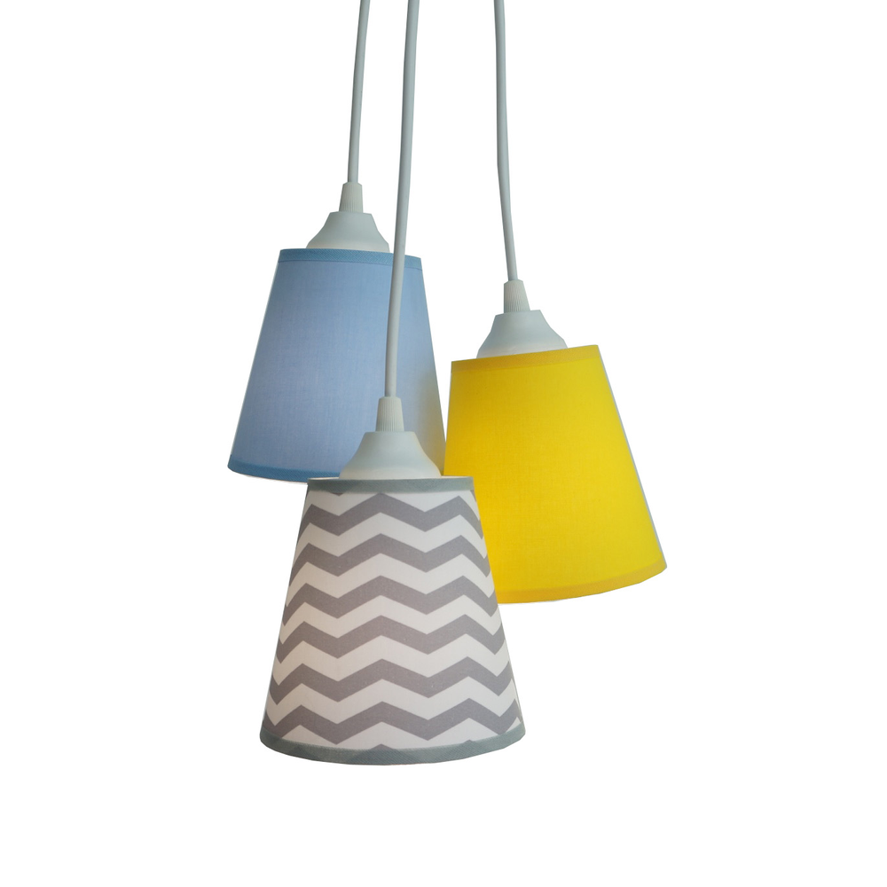Lustre Pendente Triplo Chevron Cinza, Azul Bebê e Amarelo Lustre Pendente Triplo Chevron Cinza, Azul Bebê e Amarelo
