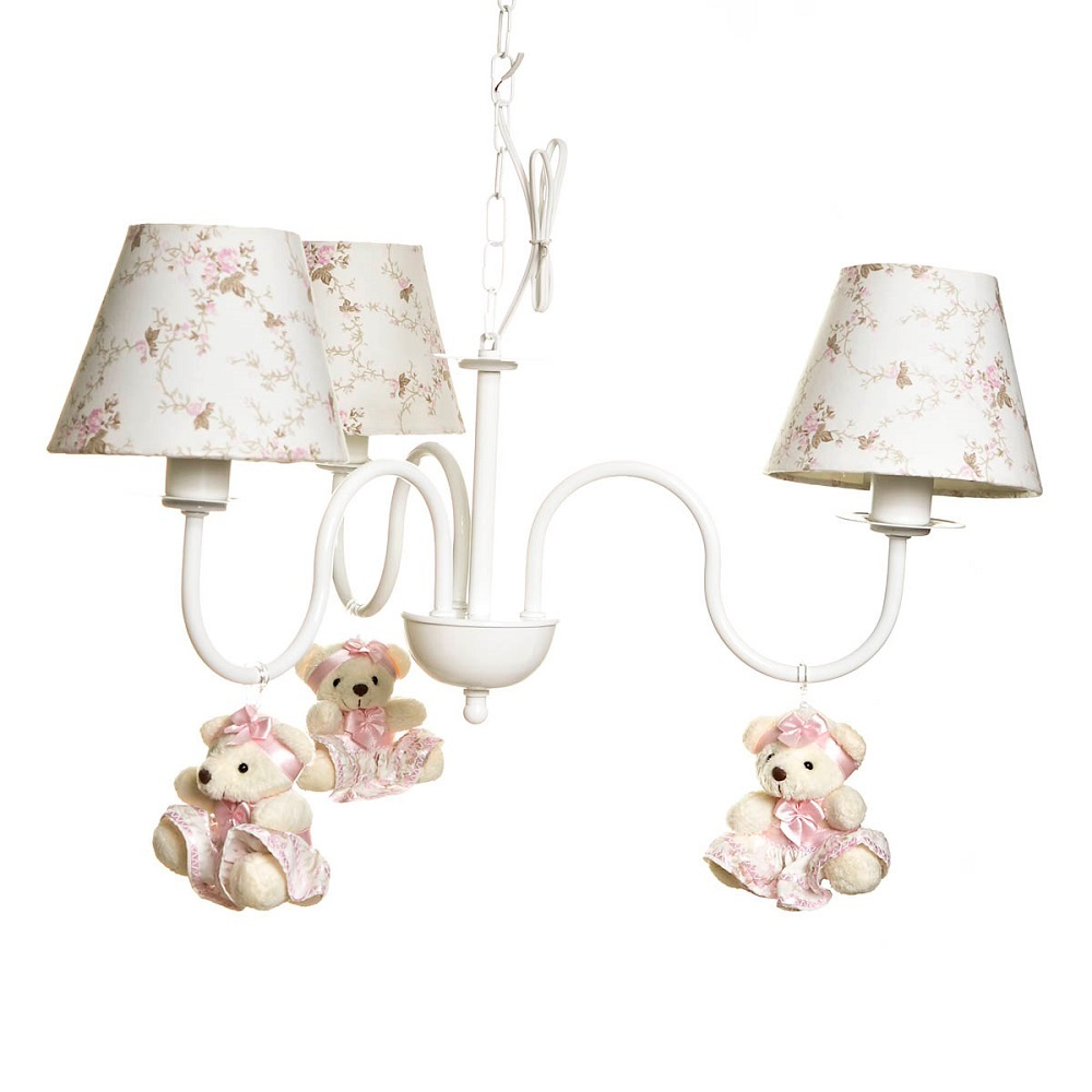 Lustre 3L Simples Com 3 Ursinhas De Tiara Quarto Bebê Infantil