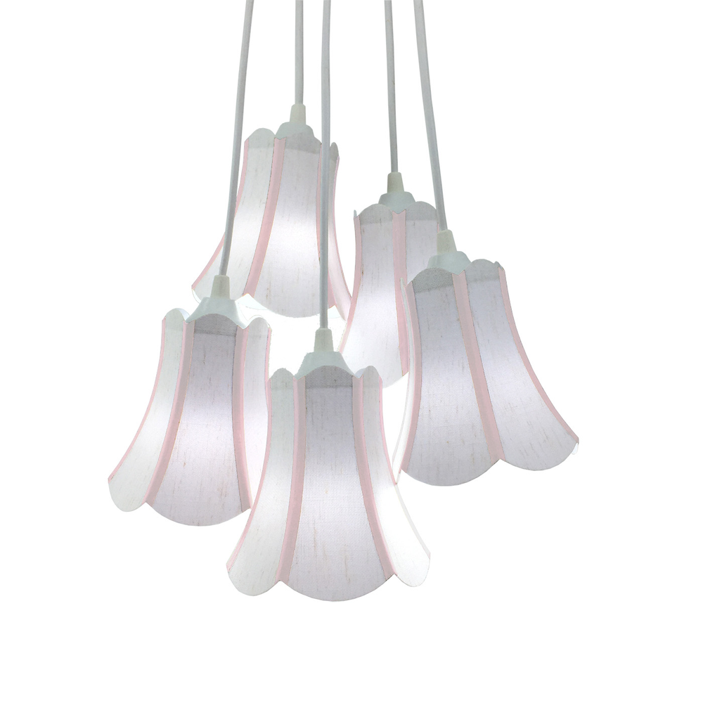 Lustre Pendente Luminária Cacho Paris Linho Branco e Detalhes em Rosa Claro