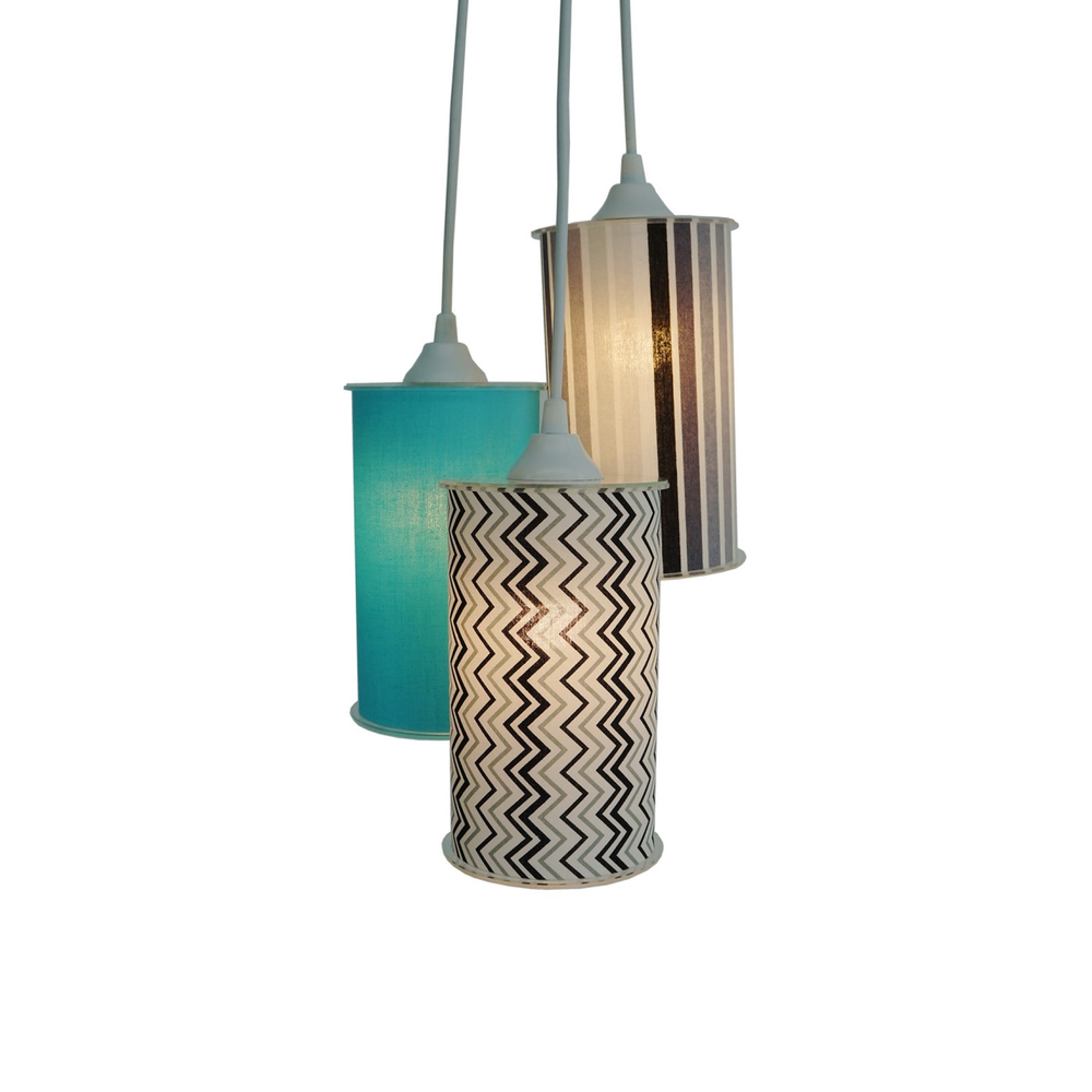 Lustre Pendente Triplo em Tecido Zig Zag Cinza, Preto e Azul