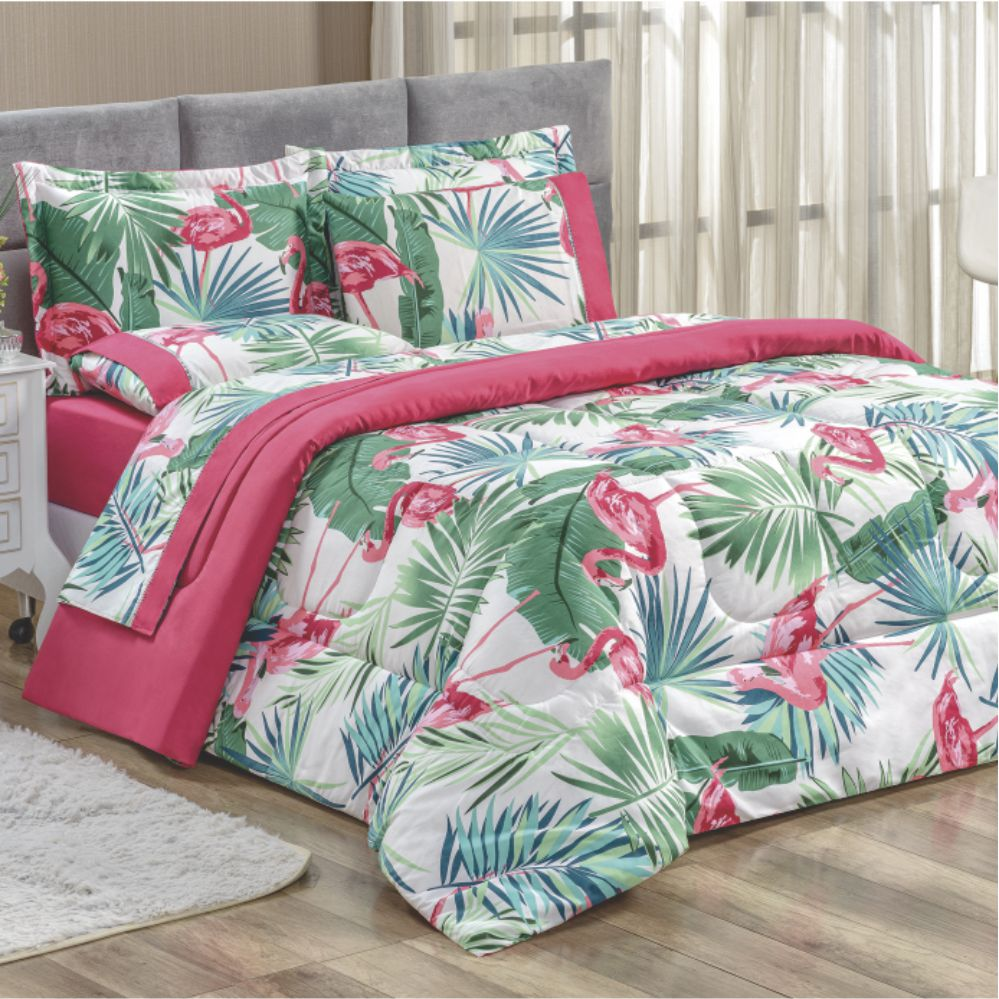 Edredom Naturallys Super King Dupla Face Flamingo Verde Edredom Naturallys Super King Dupla Face Flamingo Verde