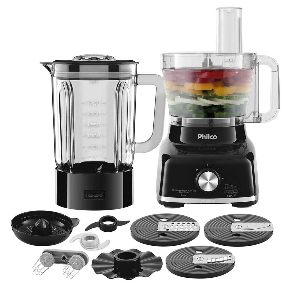 Multiprocessador Philco PMP1600P Glass Turbo 9 em 1 1400W - 220V Multiprocessador Philco PMP1600P Glass Turbo 9 em 1 1400W - 220V